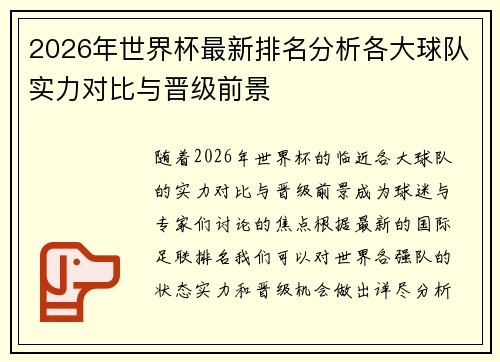 2026年世界杯最新排名分析各大球队实力对比与晋级前景